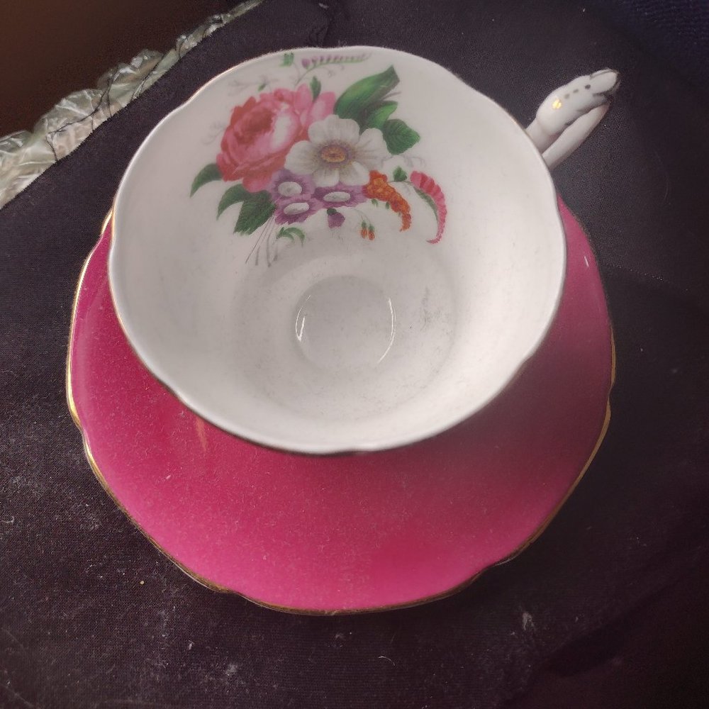 Paragon China Cup and Saucer- Beautiful red and white with florals inside cup.